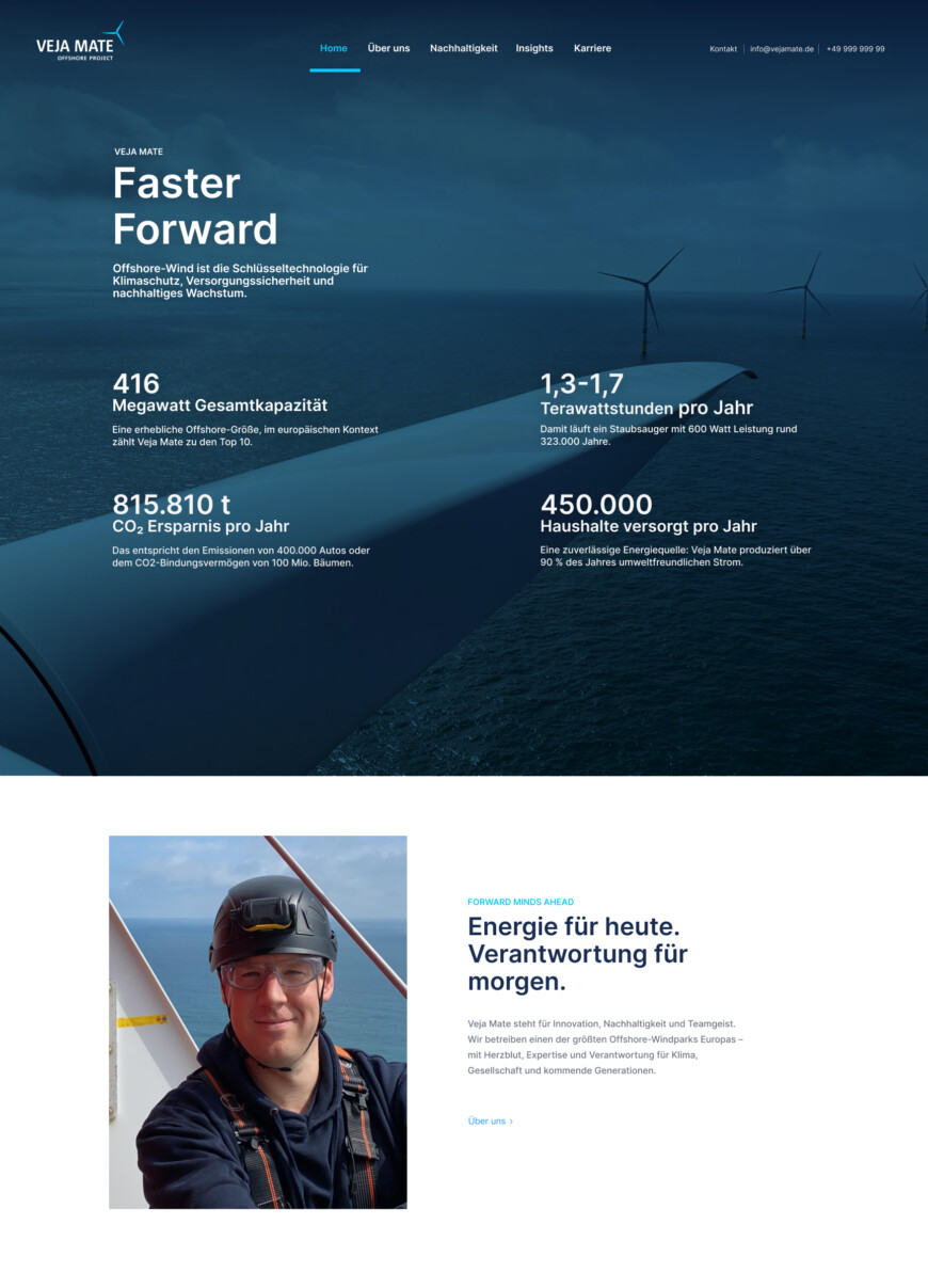 Veja Mate betreibt 67 Turbinen, 95 Kilometer vor der Küste. Für die Corporate-Website haben wir Strategie, Storytelling, Design und Entwicklung übernommen — mit Scrollytelling-Heros und einem interaktiven Windpark-Modul.