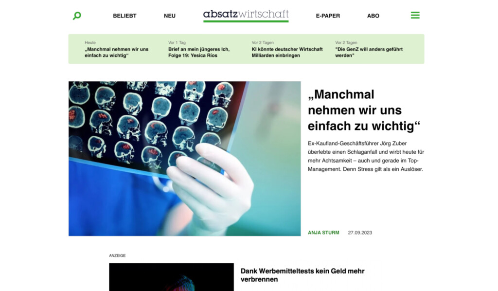 FLOW4 Webdesign Agentur für professionelle WordPress Entwicklung. Online-Magazin Referenz "Absatzwirtschaft".