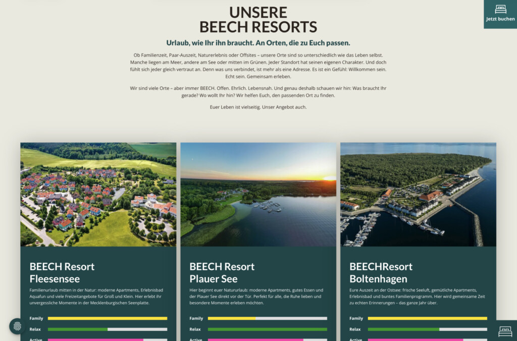 FLOW4 Webdesign Referenz BEECH Resorts — Markenseite der Resort-Familie